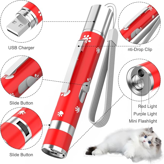 EAWONGEE Cat Toys, Rechargeable Interactive Toy for Cats with 7 Light Projection Modes, Indoor Kitty Pet Dog Toy for Training Chaser, 2 PCS Red-PawvioPets