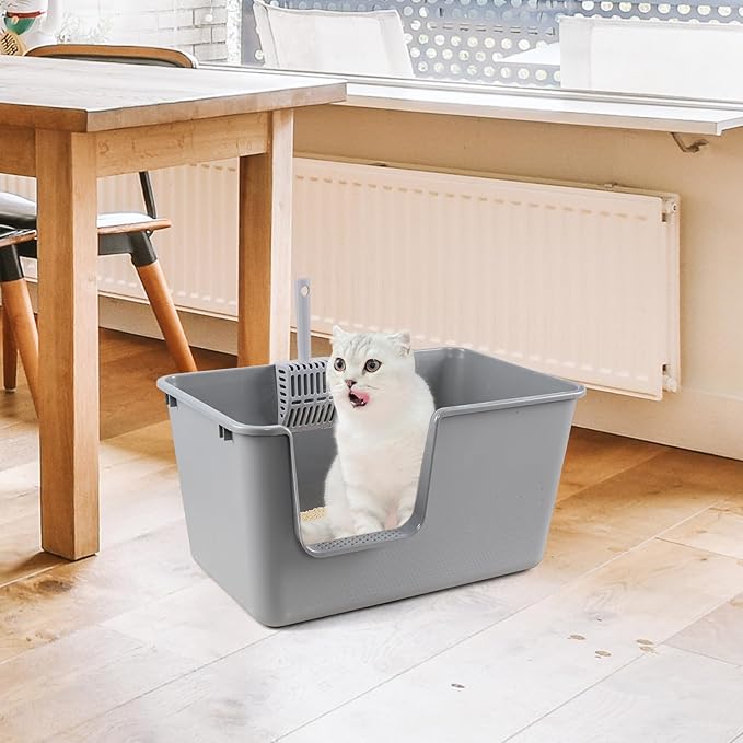4 Packs Large Cat Litter Box with High Sides, Grey Open Top Cat Litter Basin-PawvioPets
