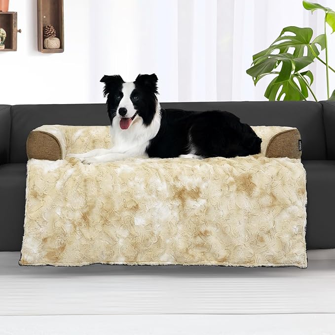 Calming Dog Couch Bed for Large Dogs, 41 x 37 inch Waterproof Removable Dogs Mat Couch Cover for Furniture Protector, Non-Slip Fluffy Pelsbarn Dog Bed for Couch, Sofa, Outdoor - Tie-Dye Khaki-PawvioPets