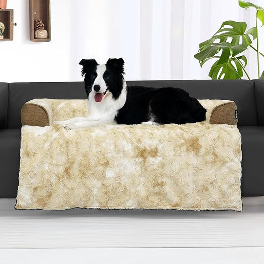 Calming Dog Couch Bed for Large Dogs, 41 x 37 inch Waterproof Removable Dogs Mat Couch Cover for Furniture Protector, Non-Slip Fluffy Pelsbarn Dog Bed for Couch, Sofa, Outdoor - Tie-Dye Khaki-PawvioPets
