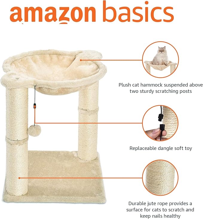 Amazon Basics Cat Condo Tower with Hammock Bed and Scratching Post,Easy to Assemble,Plush Hammock,Interactive Hanging Ball,Durable Sisal Scratch Posts for Indoor Cats, 15.8 x 15.8 x 19.7 Inches, Beige-PawvioPets