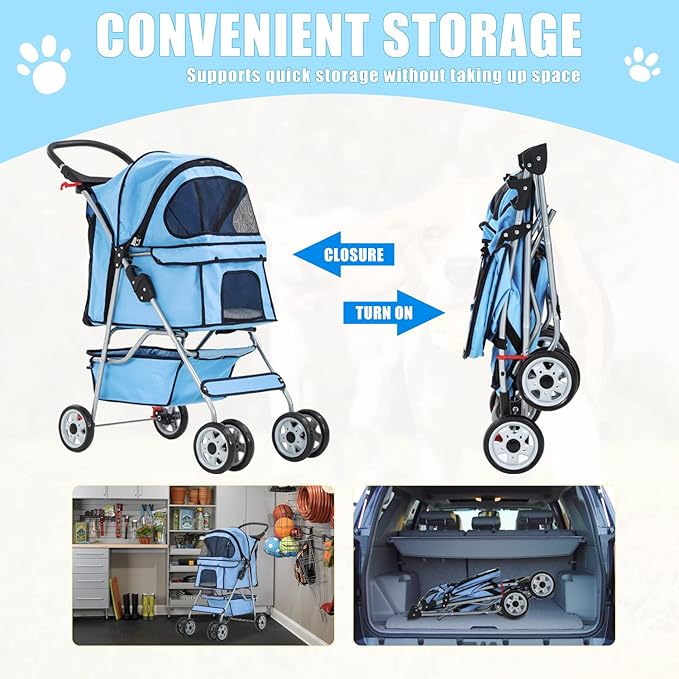 Dog Stroller, Folding 4 Wheels Pet Stroller for Small Medium Dog Cat Travel Carrier with Weather Cover Storage Basket Cup Holders Blue-PawvioPets