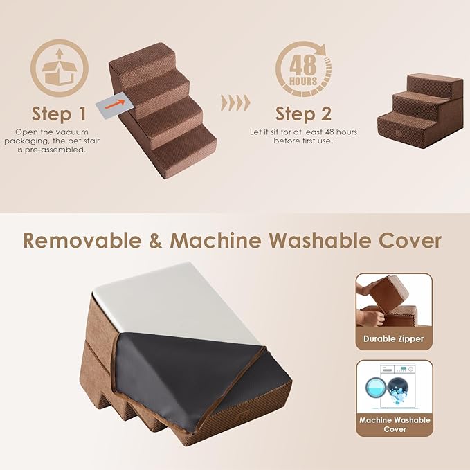 EHEYCIGA Dog Stairs for Small Dogs 13.5" H, 3-Step Dog Steps for Couch Sofa and Chair, Pet Steps for Medium Cats, Non-Slip Balanced Pet Ramp Indoor, Brown-PawvioPets