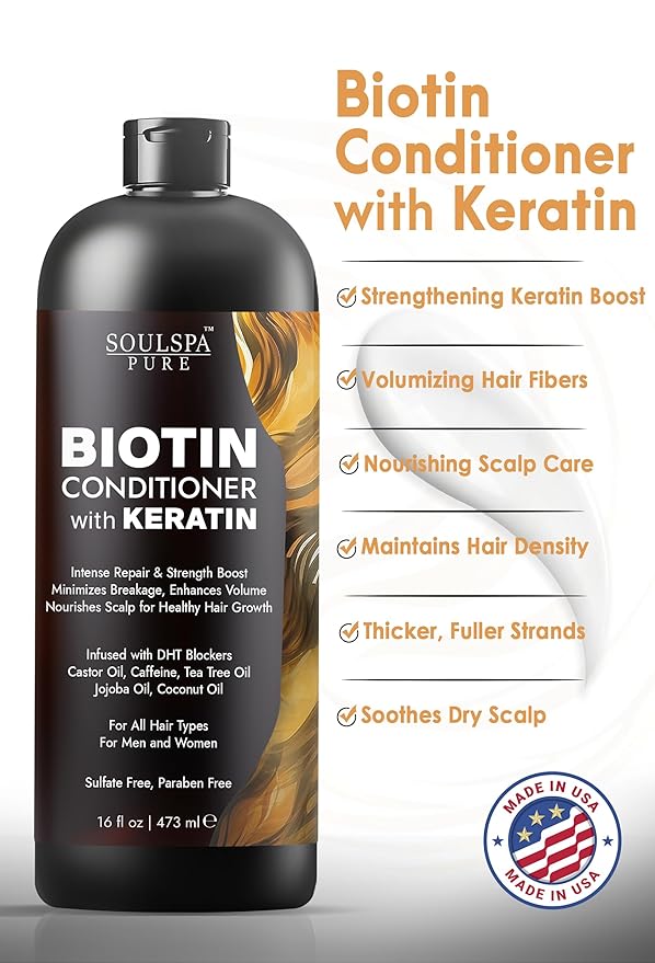 Biotin Conditioner with Keratin - Intense Repair & Strength Boost Formula - Nourishes Scalp for Healthy Hair Growth, with Tea Tree Oil & DHT Blockers, for Men & Women, 16 fl oz - SOULSPA PURE-PawvioPets