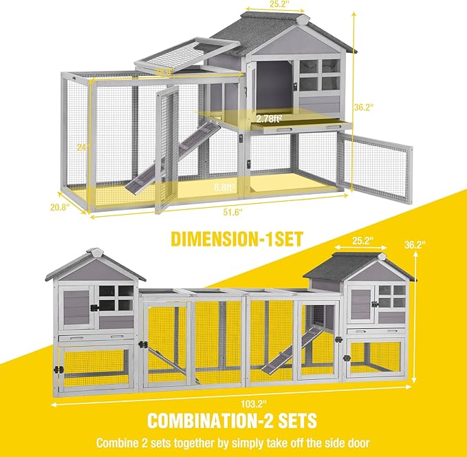 Aivituvin Rabbit Hutch Indoor Bunny Cage Outdoor with Run Chicken Coop Guinea Pig House with Waterproof Asphalt Roof,No Leakage Pull Out Tray-PawvioPets