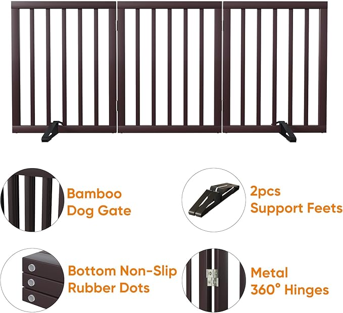 Brown 18-55" Wide Dog Gate, Bamboo Freestanding Pet Gates for Dogs, Puppy Fence-PawvioPets