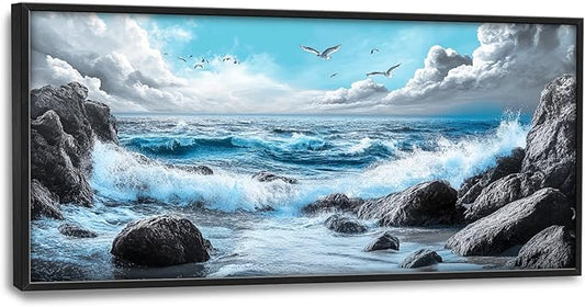 Extra Large Framed Abstract Sea Ocean Wall Art,Black and White Wall Decor, Coastal Seashore Pictures for Living Room,Canvas Print Painting Modern Artwork Bedroom Office Bathroom 60L x 30W-PawvioPets
