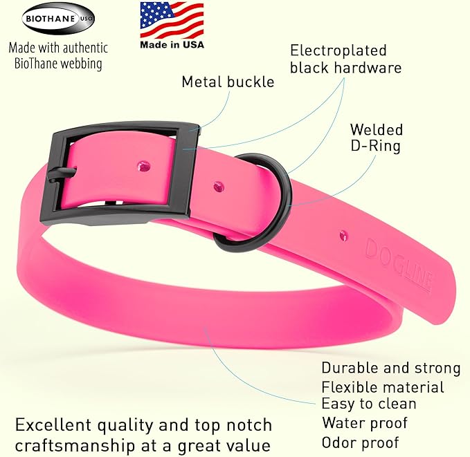 Dogline Biothane Waterproof Dog Collar Strong Coated Nylon Webbing with Black Hardware Odor- Proof for Easy Care Easy to Clean High Performance Fits Small Medium or Large Dogs, Passionfruit Pink-PawvioPets