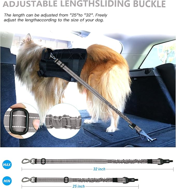 AUBELL Dog Seat Belt for Car,2 Pack Set 3-in-1 Adjustable Reflective Bungee Heavy Duty Dog Car Harness Tether with Clip Hook Latch & Buckle,Swivel Zinc Alloy Carabiner,Black+Grey-PawvioPets