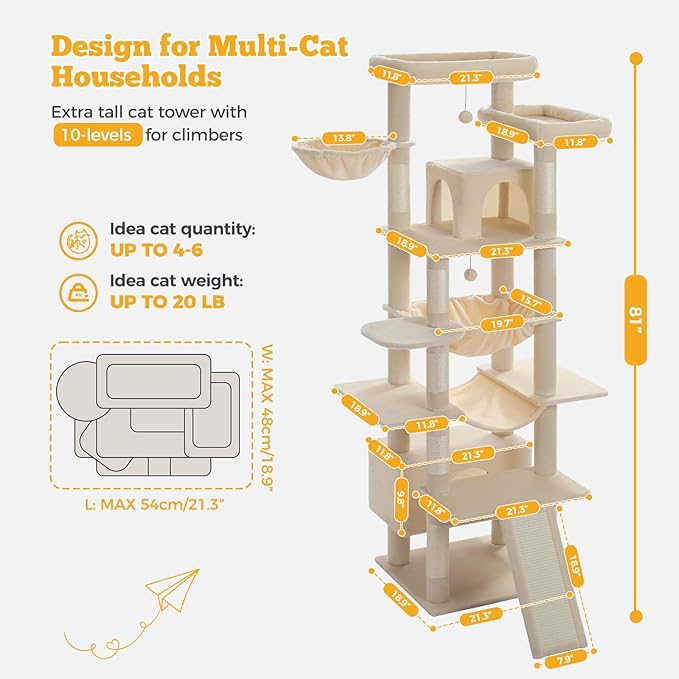81" Heavy Duty Cat Tree for Large Cats up to 20lbs - Extra Tall Cat Tower with Metal Frame Hammock, 6 Sisal Scratching Posts, 2 Perches - Indoor Cat Furniture for Maine Coon, Big Cats, Beige-PawvioPets