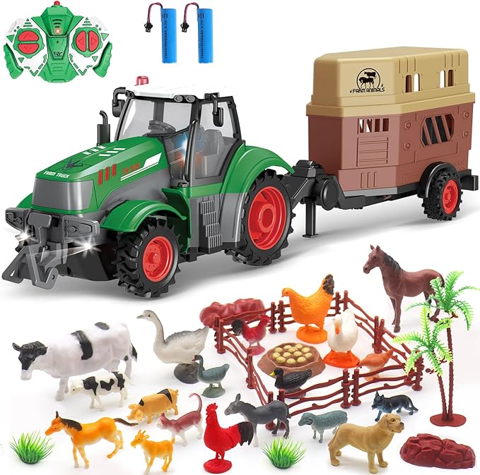 fisca Remote Control Tactor Toy Set & 33PSC Farm Vehicle Playset - Animal Figurines ,2.4GHz 1/24 Scale RC Tractor,Livestock Trailer, Fence with Light for Kids Age 4, 5, 6, 7 and Up Years Old-PawvioPets