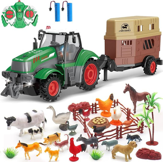 fisca Remote Control Tactor Toy Set & 33PSC Farm Vehicle Playset - Animal Figurines ,2.4GHz 1/24 Scale RC Tractor,Livestock Trailer, Fence with Light for Kids Age 4, 5, 6, 7 and Up Years Old-PawvioPets
