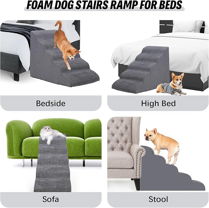 Dog Stairs&Steps for High Beds Up to 28'', 5-Step Dog Ramp for Small Medium Dogs with Washable Cover, Non-Slip Steps for Cats to Get on Couch and Sofa, Durable Foam Ladders, 24.4" Tall, Grey-PawvioPets