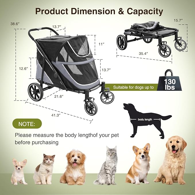 Dog Stroller for Medium/Large Dogs One-Click Folding, Extra Large Pet Stroller for 2 Dogs with Storage Pocket & Shock Absorption, Up to 130 lbs, Grey-PawvioPets