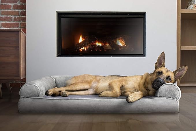 Furhaven Orthopedic Dog Bed for Large Dogs w/ Removable Bolsters & Washable Cover, For Dogs Up to 95 lbs - Faux Fur & Velvet Sofa - Smoke Gray, Jumbo/XL-PawvioPets