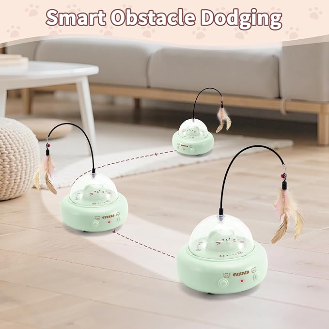 Automatic Cat Toys with Feathers, Interactive Cat Toy for Indoor Exercise, Rechargeable Teasing Toys for Indoor Cats, USB Powered, Smart Standby&Obstacle Avoidance(Green)-PawvioPets