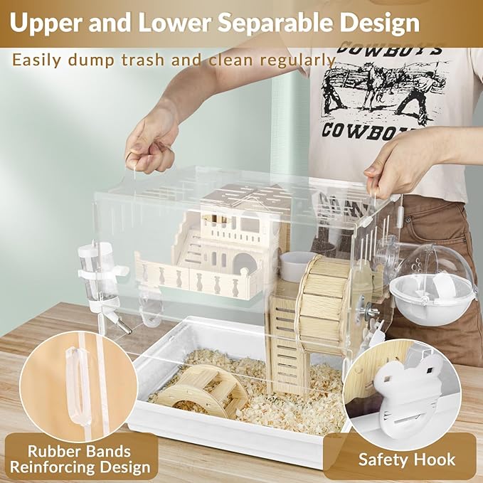 Cycodo 8 in 1 Acrylic Hamster Cage,2-Tier Dwarf Hamster Cage with Wooden Wheel & Hideout,Small Hamster Habitat with Accessories,Clear Pet Mice House(White,14" L*10" W*11" H)-PawvioPets