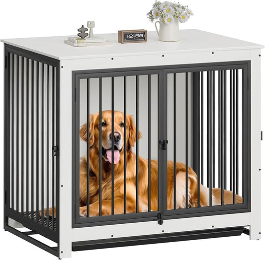 Dog Crate Furniture, Large Dog Crate Furniture, Wooden Cage Kennel Furniture Indoor, Modern Dog Crate with Multi-Purpose Removable Tray, Double-Doors Dog Furniture, End table dog crate, White-PawvioPets