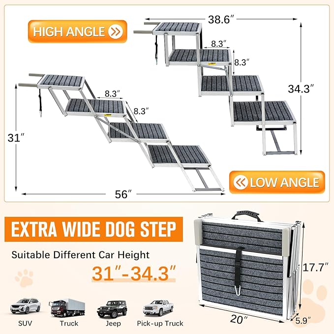 20" Extra Wide Dog Ramp, 4-Step Foldable Pet Stairs with Non-Slip Carpet - Lightweight Aluminum for SUV/Truck/Car & High Beds - Supports Large Dogs up to 200Lbs-PawvioPets
