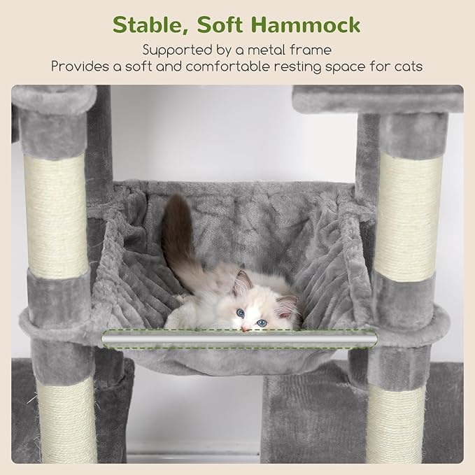 Globlazer Tall Cat Tower, 76 inch Multiple Level Cat Climbers for Indoor Cats, XL Cat Tree with 5 Scratching Posts, 2 Cat Condos, Hammock, 2 Hanging Baskets, F76B, Light Grey-PawvioPets