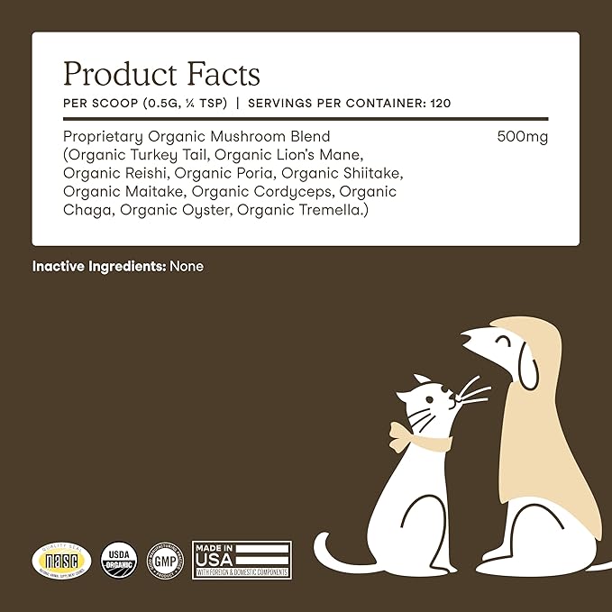 Fera Pets Mushroom Supplement for Dogs & Cats with Turkey Tail - USDA Organic - Cognitive and Immune Support - Enhances Liver Function - Supports a Healthy Gut - Powder - 120 Scoops-PawvioPets