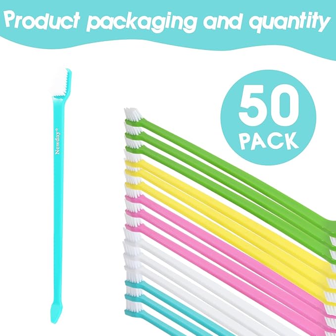 50 Pack Dual Ended Long Dog & Cat Toothbrush, Pet Safe Super Soft Bristles for Pet Dog Puppy Kitten Dental & Oral Care Teeth & Gums, Pet toothbrushes in Box, Bulk Individual polybag (Colorful)-PawvioPets
