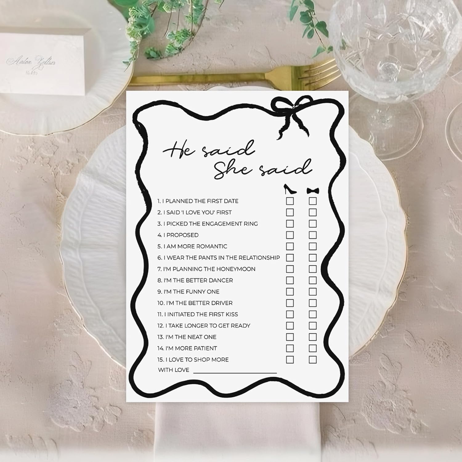 DEEKA 30 PCS Bridal Shower Games Card for 30 Guests Black Wavy Border Ribbon Bow Funny Wedding Bachelorette Party Games for Reception (He Said She Said)