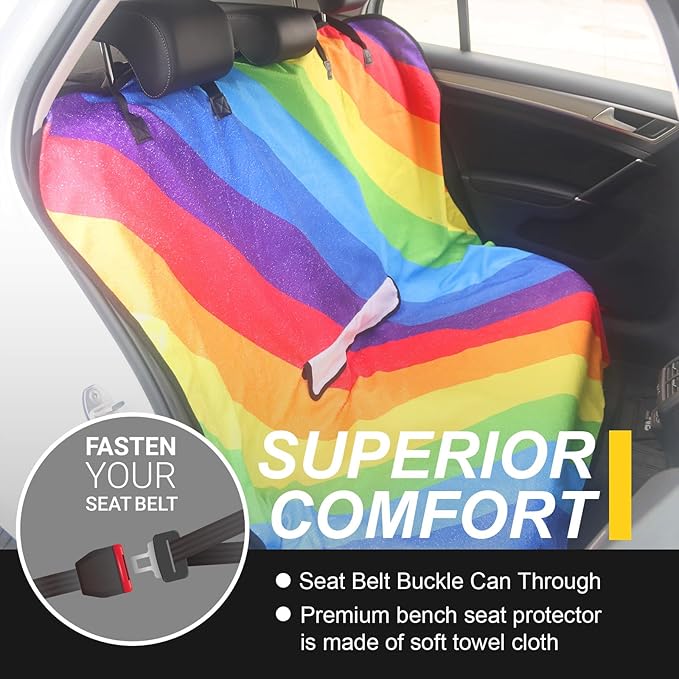 Back Seat Cover for Car Trucks Van SUV,Waterproof Rear Bench Towel Seat Covers for Dogs and Kids,Automotive Backseat Protector (Rainbow)-PawvioPets