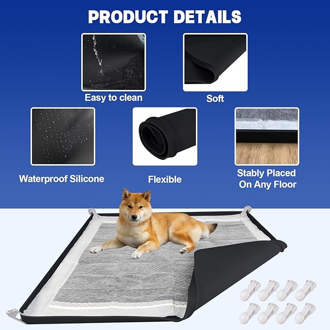 Dog Pee Pad Holder, Puppy Pad Holder Tray for 24'' x 24'' Training Pads, 15pcs Dog Potty Tray Set Include High Edge Silicone Mat & 6 Activated Charcoal Disposable Puppy Pads & 8 Holder Clamps-PawvioPets