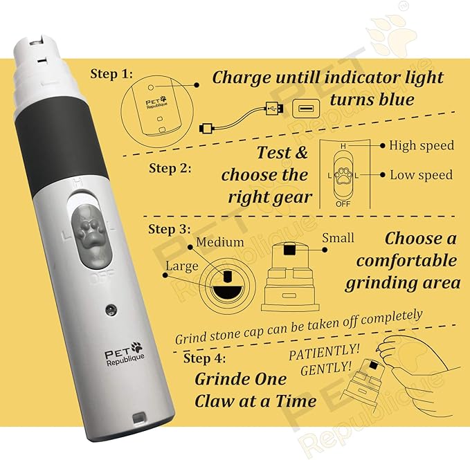Dog Nail Grinder by Pet Republique - 2 Speed Electric Rechargeable Nail Grinder - Gentle, Quiet, Low, Painless Nail Trimmer - Multi-Setting Grinder for Any Small or Medium Dog, Cat, and Pet Claw-PawvioPets