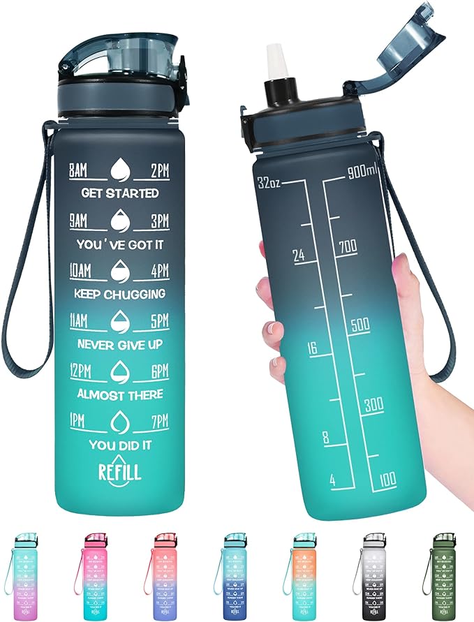 Enerbone Water Bottle, Leakproof BPA & Toxic Free, Motivational Water Bottle with Times to Drink and Straw, Fitness Sports Water Bottle with Strap for Office, Gym, Outdoor Sports-PawvioPets