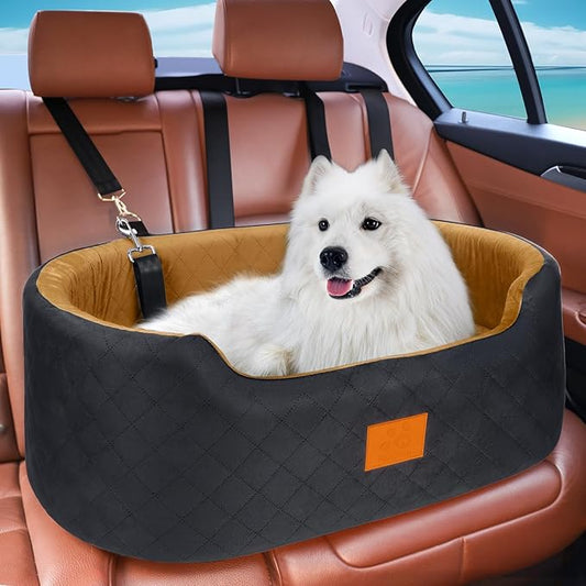 Dog Car Seat for Medium & Large Dogs up to 55 lbs, Elevated Booster Seat with Anti-Slip Base, Detachable & Machine-Washable Pet Car Bed for SUV/Sedan (Black/Brown)-PawvioPets