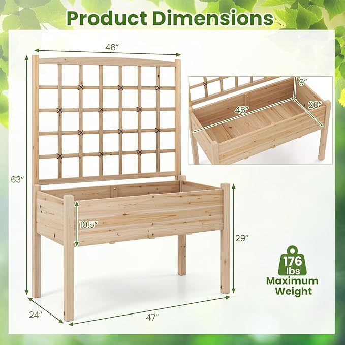 Giantex Raised Garden Bed with Trellis, Wooden Elevated Planter Box with Legs, Drainage Holes for Climbing Plants Vines Vegetables Flowers Herbs, Outdoor Horticulture Planter for Patio Yard (Natural)-PawvioPets