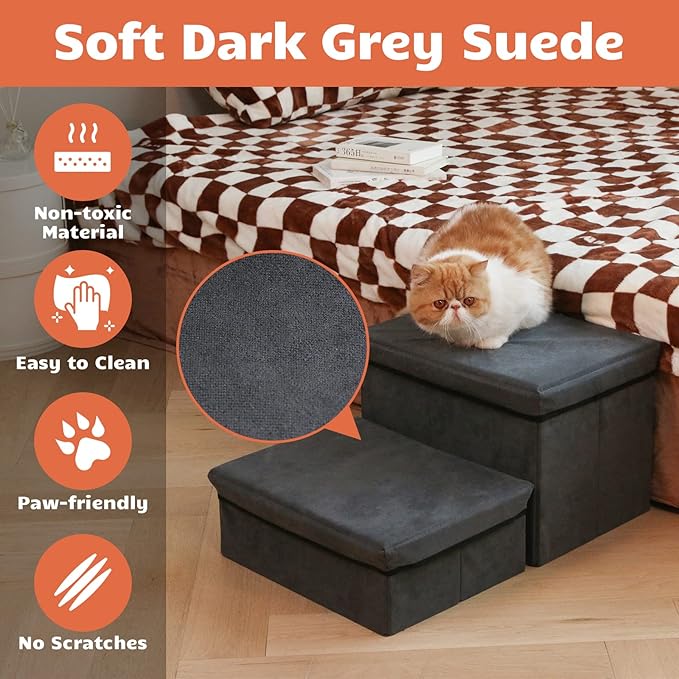 Foldable Dog Stairs/Steps 2-Tier Pet Steps Storage and Adjustable Steps for Small Medium Dogs Pet Steps Storage Stepper for High Beds Sofa Pet Dog Cat-PawvioPets