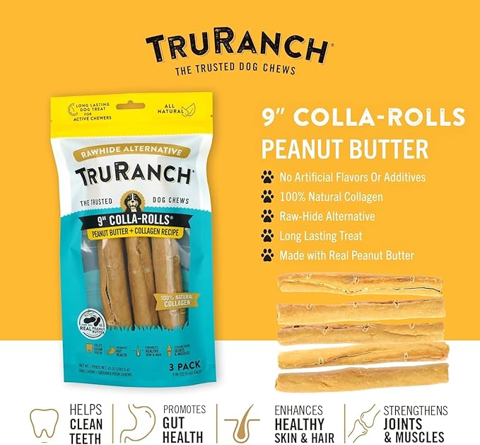 Collagen Rolls - 9" Collagen Rolls for Dogs - Long Lasting Healthy Joint Support - Rawhide Alternative - Skin & Coat Health - Made with Real Peanut Butter, Value Pack, 3 Bags, 9 Count-PawvioPets