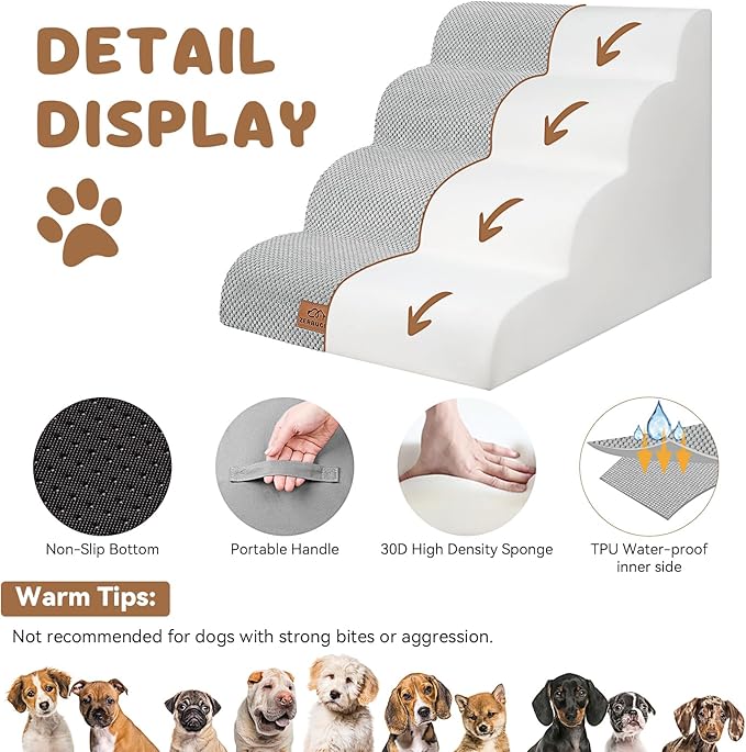 Dog Ramp and Stair for Bed 16" H-20 H,3-Step Cat Stair for Sofa and Chair,4-Step Dog Ramp for High Bed and Window,Durable Nonslip Fabric Cover for Indoor (Light Grey-20 H, Pet Friendly, 4)-PawvioPets