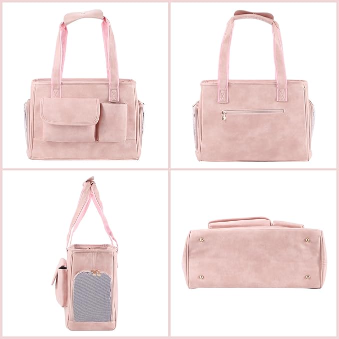Dog Carrier Purse, Fashion Leather Pet Carrier Bag, Airline Approved Soft Sided Cat Travel Tote Bag with Pockets Pink-PawvioPets