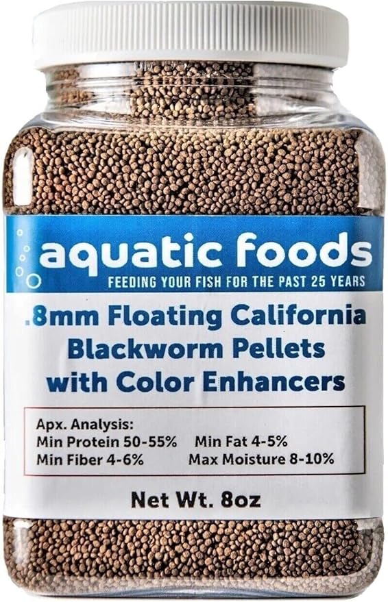 Aquatic Foods Inc. Blackworm Micro .8mm Floating Pellets with Color Enhancers & Vitamins for Discus, Guppies, Tetras, Live Bearers, Baby Cichlids, Baby Koi, All Tropical and Pond Fish...8oz Jar-PawvioPets