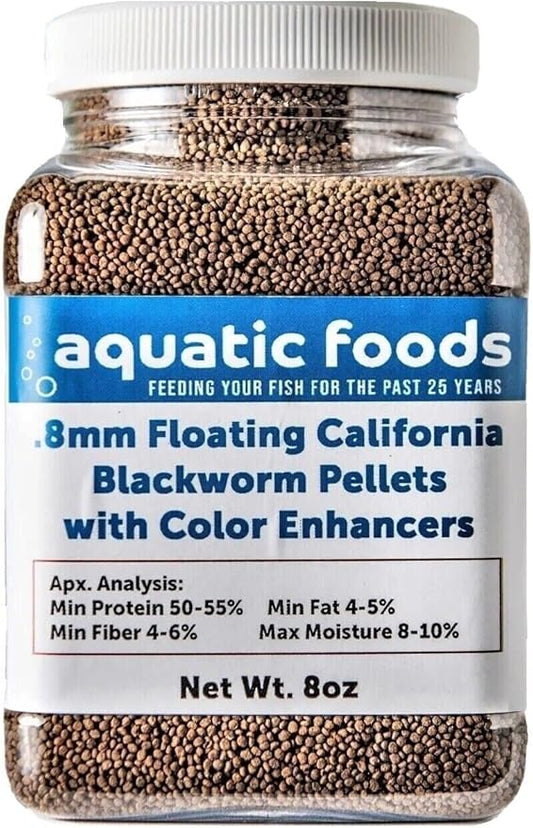 Aquatic Foods Inc. Blackworm Micro .8mm Floating Pellets with Color Enhancers & Vitamins for Discus, Guppies, Tetras, Live Bearers, Baby Cichlids, Baby Koi, All Tropical and Pond Fish...8oz Jar-PawvioPets