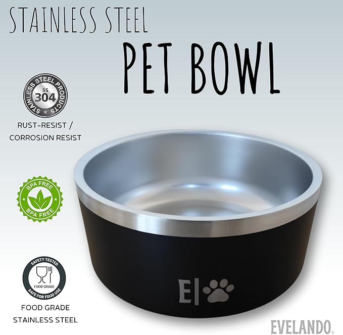 EVELANDO® Premium Dog Food Bowl 32 oz Stainless Steel 4 Cups Small Medium Dog Bowls Non Slip & BPA-Free S M L Pet Water Bowl Platos para Perros Indoor Outdoor Pet Dish Feeder Water and Food Dish-PawvioPets
