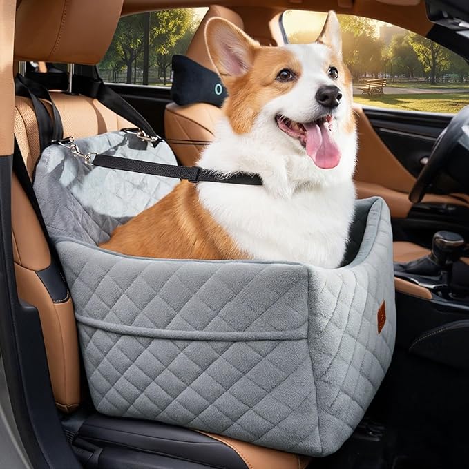 Dog Car Seats for Small Dogs, FurFrolic Memory Foam Dog Booster Seat for Small/Medium Dogs up to 35 lbs, Travel Pet Car Seat with Washable Detachable Cover, Storage Pockets, 2 Safety Belts (Gray)-PawvioPets