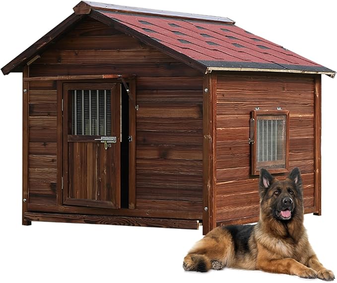Extra Large Wooden Dog House Outdoor, Waterproof Heavy Duty Dog House Outside with Door and Adjustable Window, Large Outdoor Pet Kennel, 6XL-PawvioPets