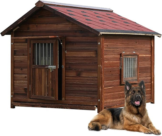 Extra Large Wooden Dog House Outdoor, Waterproof Heavy Duty Dog House Outside with Door and Adjustable Window, Large Outdoor Pet Kennel, 6XL-PawvioPets