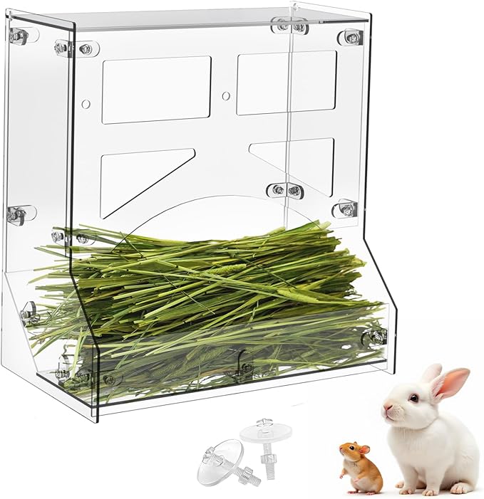 Acrylic Rabbit Hay Feeder with Lid, Transparent Hanging Food Dispenser Hay Feeder for Bunny Rabbits Guinea Pig Cage Chinchillas Hamsters Small Pets and Animals（Large-PawvioPets