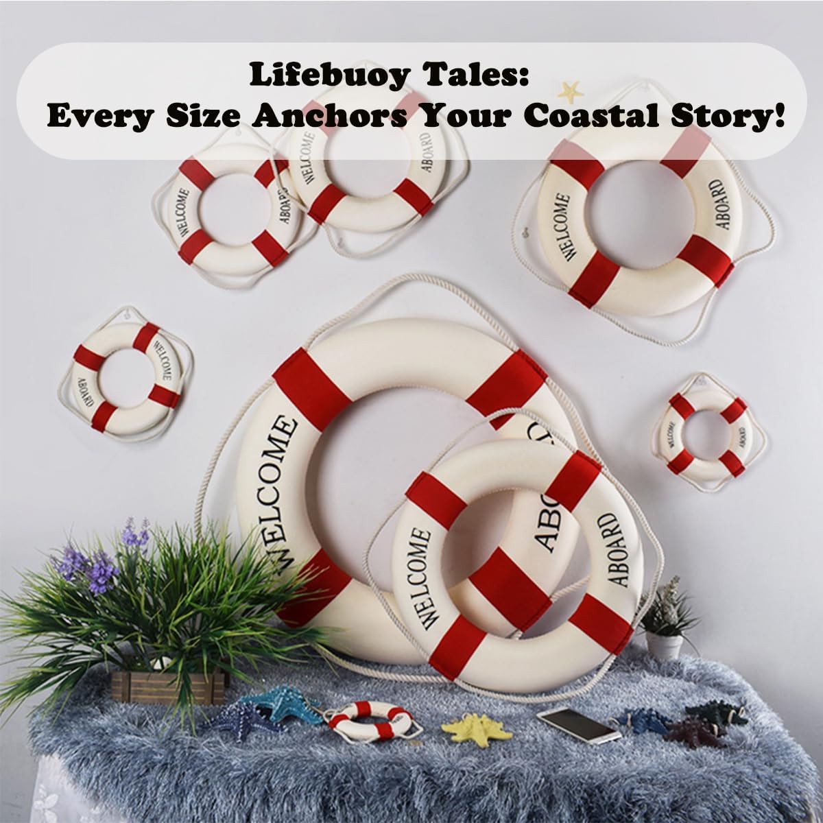 MorroMorn Lifebuoy Wall Hanging Decor - Welcome Aboard Mediterranean Style Home Decoration (Red, 20")