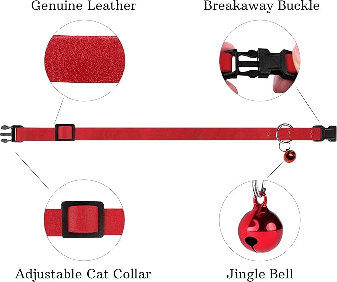 Breakaway Cat Collar Leather with Removable Bell - 13 Colors Available - Soft Adjustable Girl Boy Safety Lightweight Pet Kitten Collars Pink Brown Blue Green Red Orange Black (Red)-PawvioPets