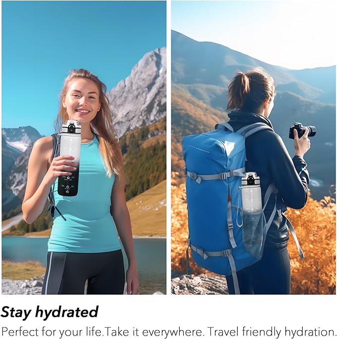 32oz Motivational Water Bottles with Time Marker & Fruit Strainer, Transparent Gradient Color Water Bottle with Times to Drink, Leakproof & BPA Free, Reusable Bottle with Strap (No Straw)-PawvioPets