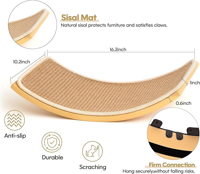 Curved Cat Wall Hammock with Scratchable Sisal Pad, Large Floating Cat Shelf for Wall, Wall Mounted Beige Bed for Playing, Climbing, and Sleeping-PawvioPets