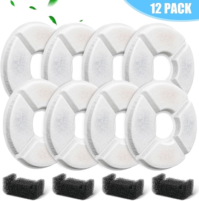 12 Pack Cat Water Fountain Filter, 8 Pcs Cat Fountain Filters Replacement & 4 Pcs Pre-Filter Sponges for 81oz / 2.4L Round Automatic Pet Water Fountain Dog Dispenser, 3-Filtration System-PawvioPets
