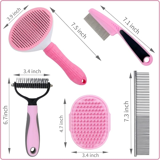 Dog Grooming Kit - Deshedding Brush for Short Hair, Slicker Brush, Flea Comb, Puppy Brush Set in Pink-PawvioPets